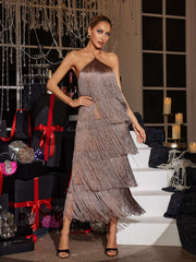 Robe midi à franges et volants, col halter, marron