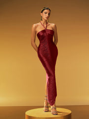 Robe longue rouge à franges et col halter