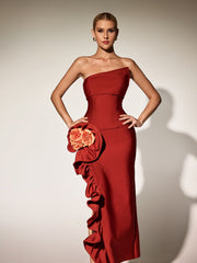 Robe longue bustier à volants et imprimé floral