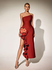 Robe longue bustier à volants et imprimé floral