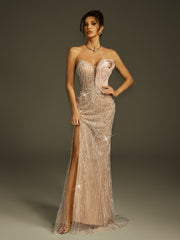 Strapless Pearl Sequin Split Maxi Dress