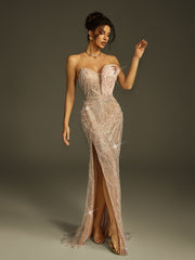 Strapless Pearl Sequin Split Maxi Dress