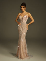 Strapless Pearl Sequin Split Maxi Dress