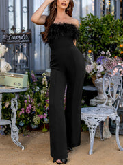 Strapless Feather Wide Leg Jumpsuits