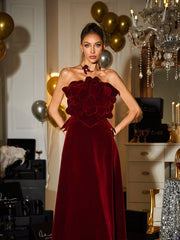 Robe longue bustier en velours fleuri