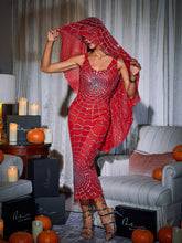 Scoop Neck Cobweb Sequin Midi Dress In Red