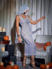 Scoop Neck Cobweb Sequin Midi Dress In White