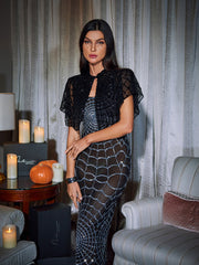 Scoop Neck Cobweb Sequin Midi Dress In Black