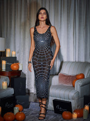 Scoop Neck Cobweb Sequin Midi Dress In Black