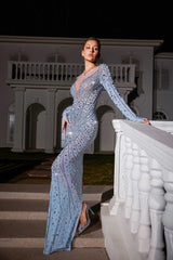 Robe longue maxi en résille strass à manches longues