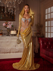 Robe longue à capuche froncée et manches longues dorée