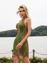 Robe mini en maille à col licou et chaîne diamant verte
