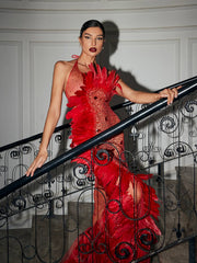 Robe longue rouge en résille ornée de plumes.
