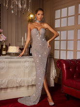 Robe longue bustier fendue ornée de strass