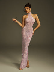 Robe maxi fendue à col montant et strass floraux
