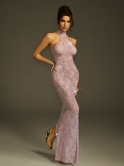 Robe maxi fendue à col montant et strass floraux