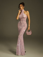 Robe maxi fendue à col montant et strass floraux
