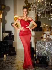 Robe longue en résille strass à épaules dénudées