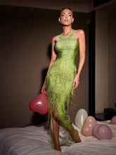 Robe midi verte à franges de cristaux et à fleurs