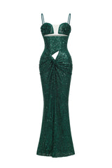 Flower Cut Out Twist Slit Maxi Dress - Green