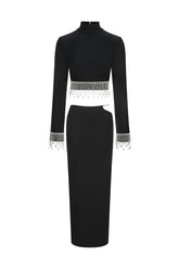 Long Sleeve Choker Tassel Bandage Maxi Two-Piece Set