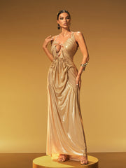 Robe longue froncée à col licou en marron