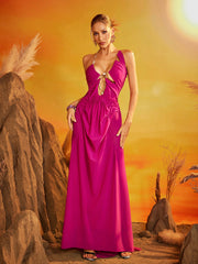 Robe longue froncée à col licou en rose vif