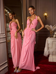 Robe longue froncée à col licou en rose
