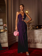 Robe longue froncée à col licou en violet
