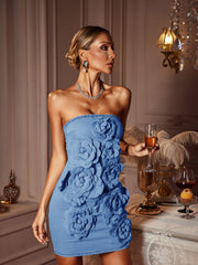 Strapless Flower Denim Mini Dress