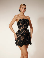 Robe mini bustier noire brodée de fleurs