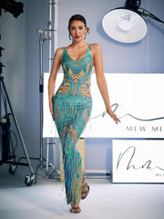 Robe longue à franges de cristaux imprimés