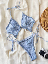 Denim Printed Tummy Cut Out Halter Swimwear One Piece Swimsuit Monokini