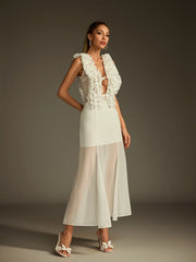 Robe midi en maille à décolleté plongeant et volants