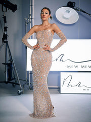 Robe longue bustier à strass avec gants
