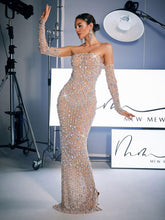 Robe longue bustier à strass avec gants