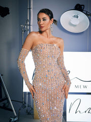 Robe longue bustier à strass avec gants