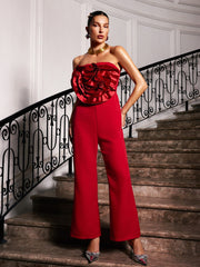 Strapless Flower Jumpsuit In Red