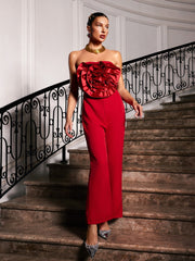 Strapless Flower Jumpsuit In Red