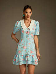 V Neck Lace Up Floral Dress In Sky