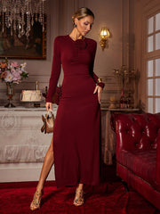 Robe midi fendue à fleurs à manches longues