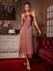 Halterneck Fringe Midi Dress