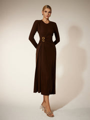 Robe midi froncée à manches longues