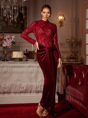 Robe longue en velours et dentelle fendue à fleurs et fronces
