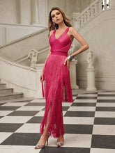 Robe longue bandage à franges et col en V rose fuchsia