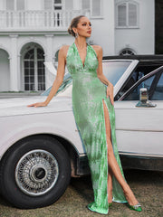 Robe longue fendue à col halter verte