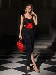 Robe maxi fendue à sequins et fleurs