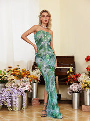 Strapless Flower Embellished Maxi Dress