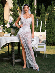 Strapless Corset Split Lace Maxi Dress