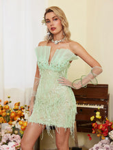 Strapless Rhinestone Fringe Dress With Gloves